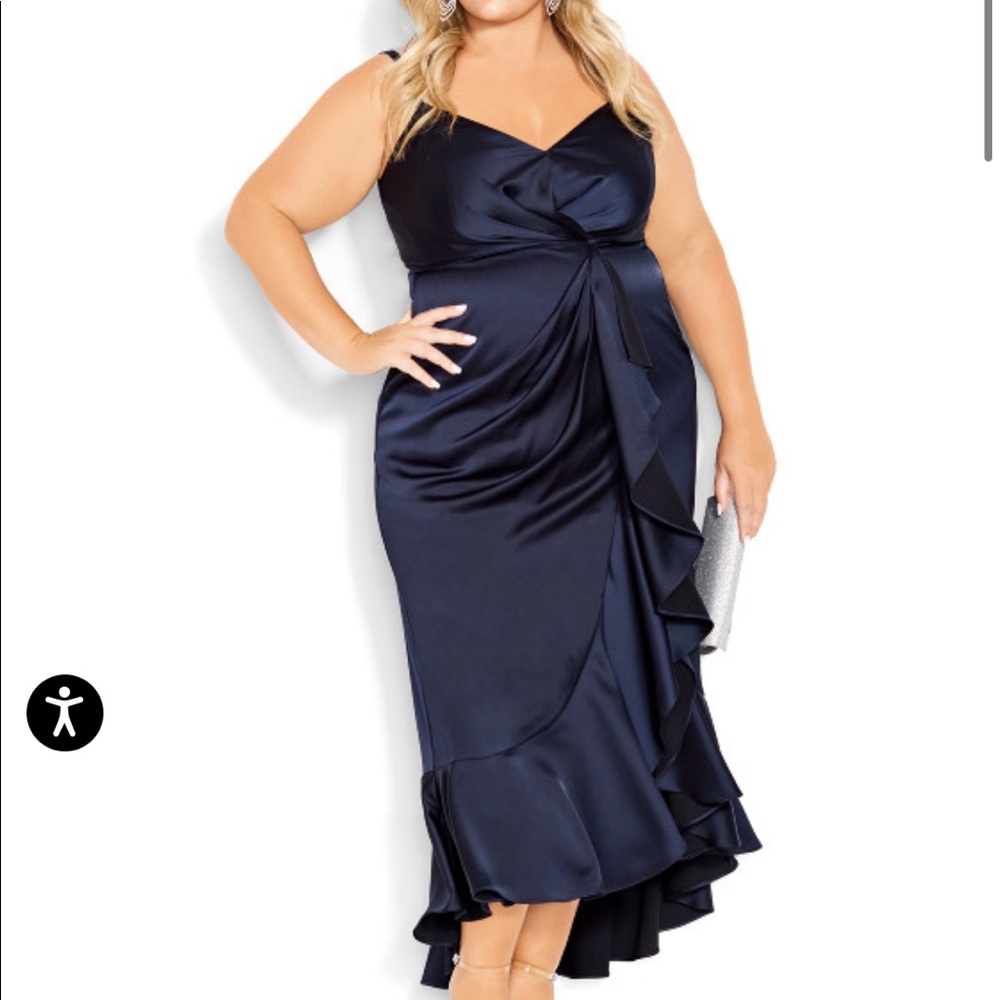 Plus Size Navy Satin V-Neck Ruffle Midi Dress